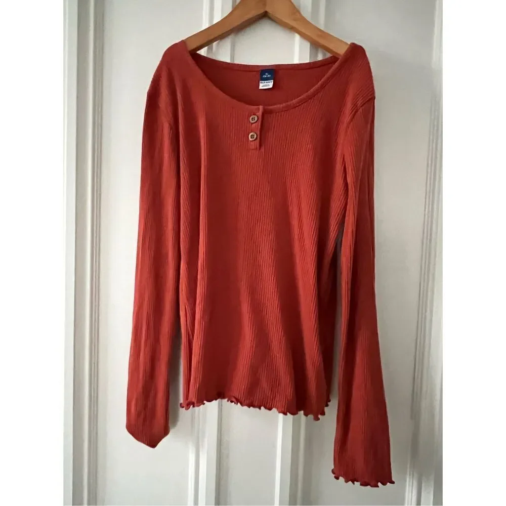 Old Navy orange ribbed scoop neck button down long sleeve top XL 14-16